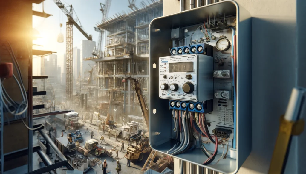 DALL·E 2024 03 31 14.59.34 The image depicts a time delay relay in use on a bustling construction site. The relay is prominently positioned in the foreground mounted inside an