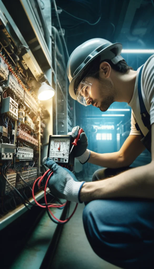 DALL·E 2024 03 31 15.02.43 The image captures a moment of a technician troubleshooting a time delay relay. The technician wearing safety gear such as a helmet and gloves is cl