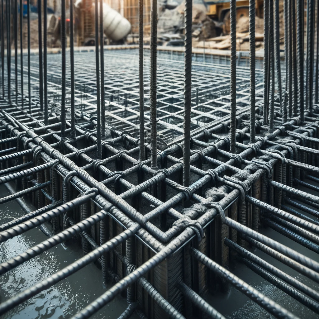 DALL·E 2024 04 03 19.15.17 A close up view of a construction detail featuring stirrups within a concrete structure. The image highlights the stirrups made of steel rebar metic