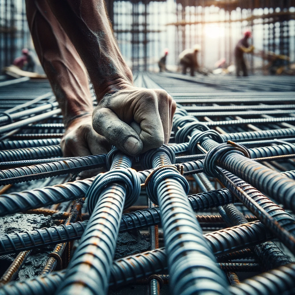 DALL·E 2024 04 03 19.18.13 A close up depiction of concrete ties used in construction showing the intricate network of steel reinforcing bars known as rebar tied together wit