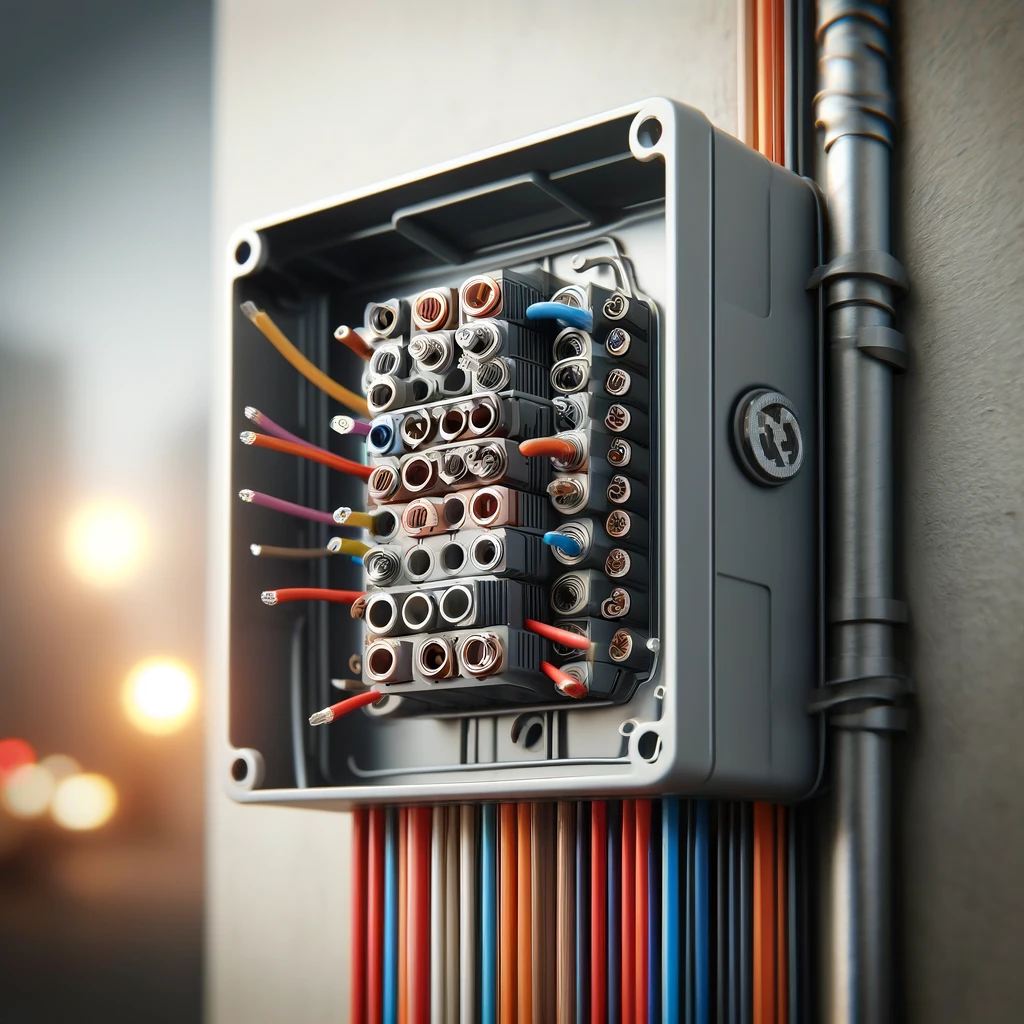 DALL·E 2024 04 03 19.59.32 Create a realistic image of a junction box commonly used in electrical wiring to enclose wire connections. The junction box is depicted as a standard