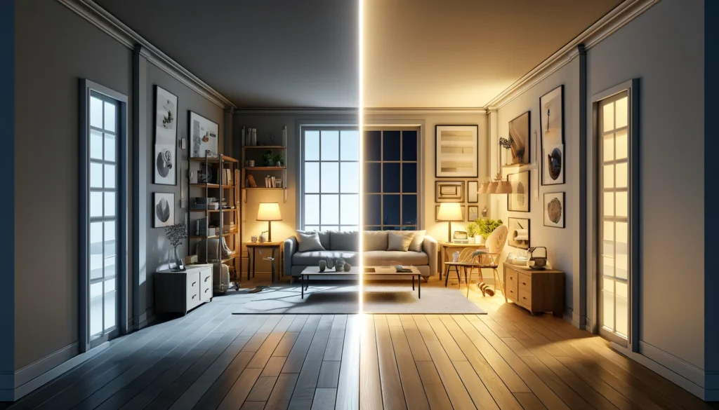 DALL·E 2024 04 03 20.13.54 Illustrate the concept of Lighting Maintenance Factor LMF by depicting a side by side comparison within a single room. The room is divided into two