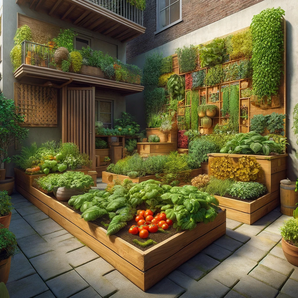 DALL·E 2024 04 11 01.11.02 Refine the image to depict an even smaller cozier vegetable garden within a one story courtyard enhancing the realism and intimate feel. The garden