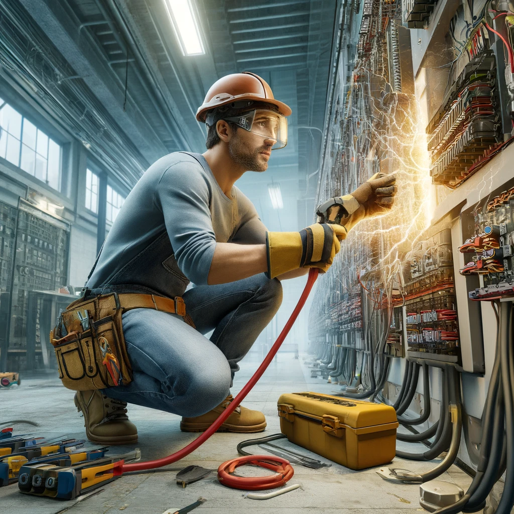 DALL·E 2024 05 24 23.03.36 A detailed image of a construction worker demonstrating surge withstand capability in an electrical setting. The worker is wearing safety gear includ