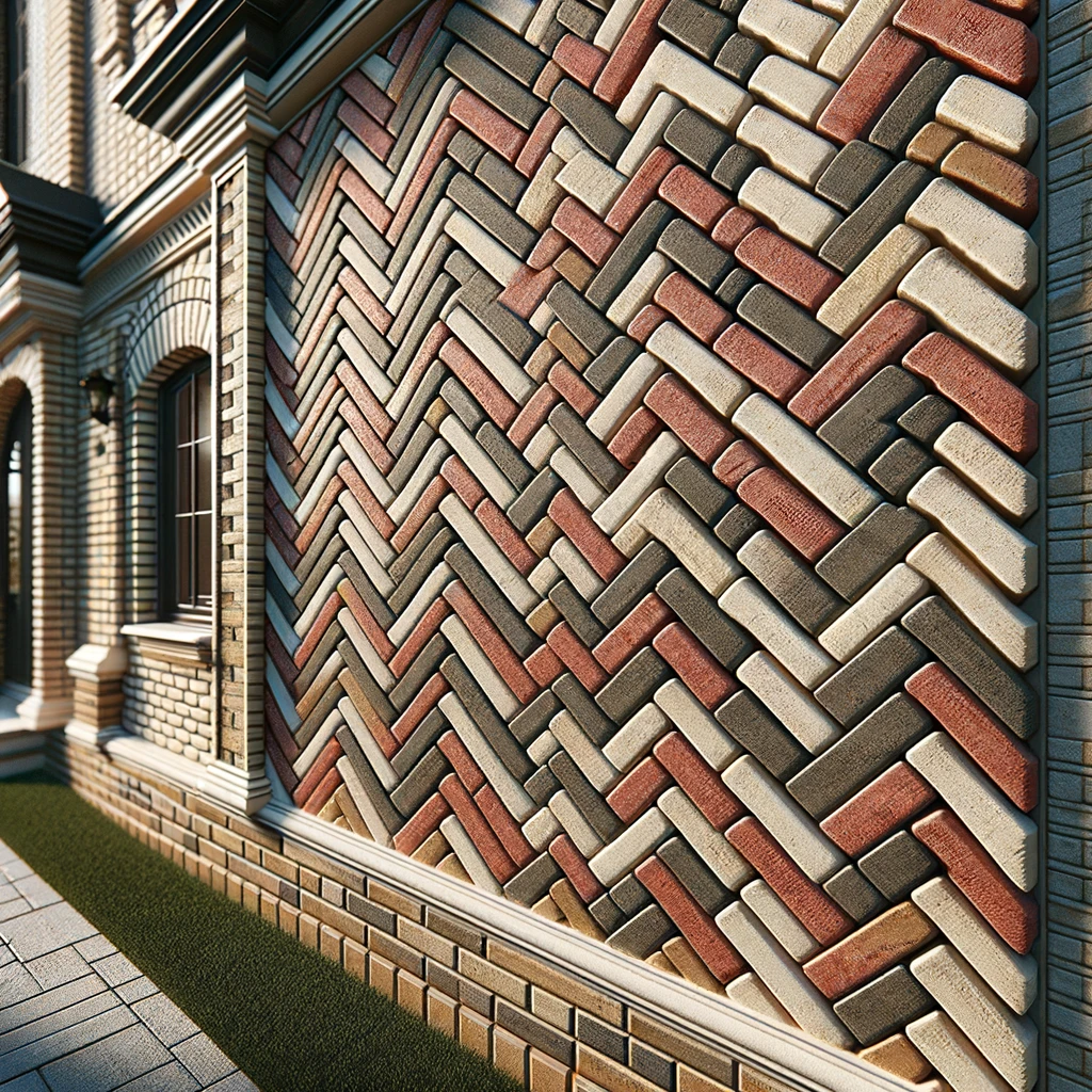 DALL·E 2024 06 06 21.29.54 A detailed image of a house exterior wall featuring a herringbone brick pattern. The bricks are arranged in a zigzag pattern creating the distinctive