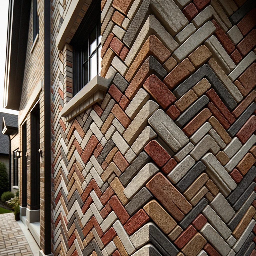 DALL·E 2024 06 06 21.30.22 A detailed image of a house exterior wall featuring a herringbone brick pattern. The bricks are arranged in a zigzag pattern creating the distinctive