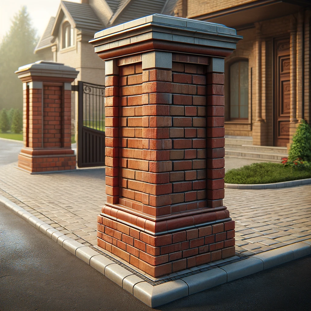 DALL·E 2024 06 06 21.33.36 A detailed image of a brick pier marking the entrance to a driveway. The pier is constructed from red bricks forming a sturdy and solid vertical stru