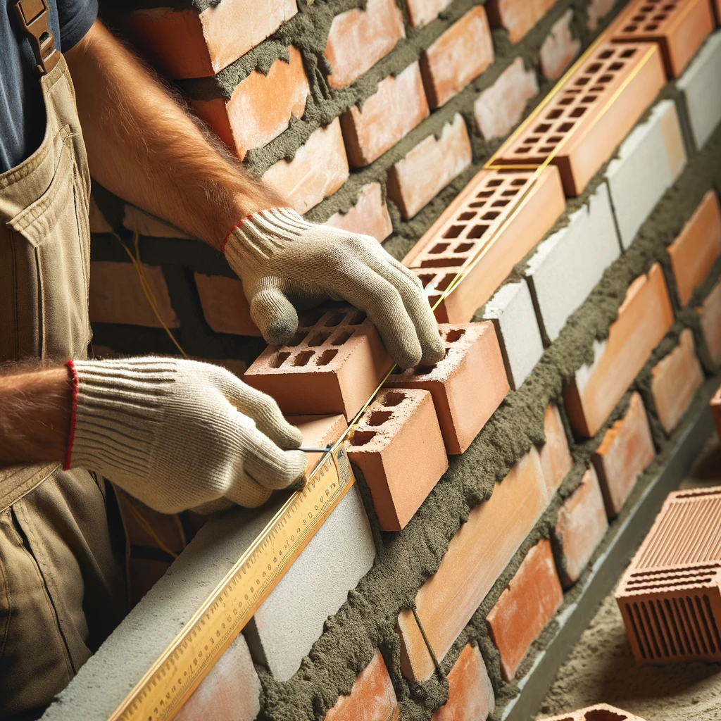 DALL·E 2024 06 09 13.44.54 A close up image of a handyman laying bricks on a brick wall using a masons string. The masons string runs parallel with the brick course stretched