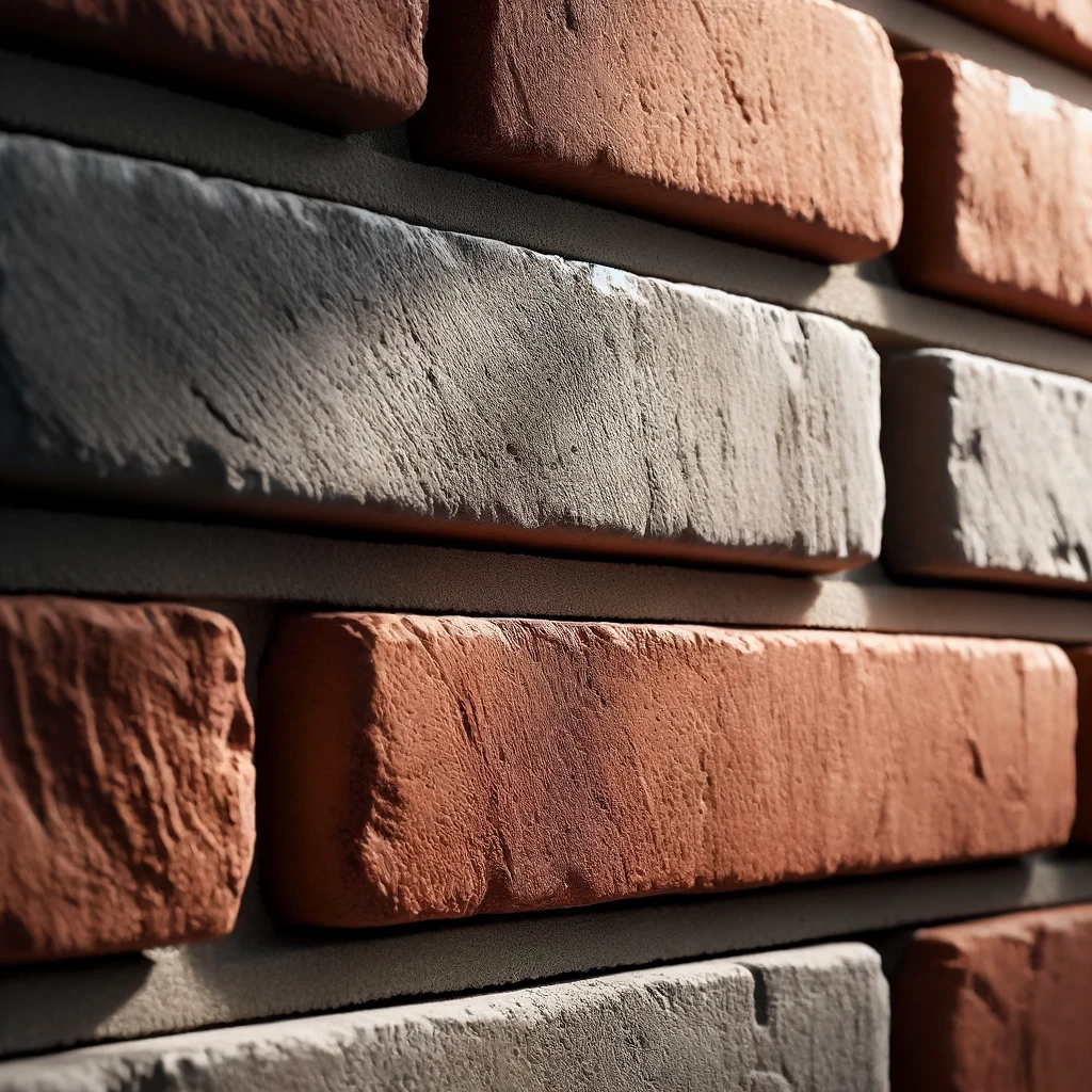 DALL·E 2024 06 10 23.50.17 A close up view of a brick wall with a raked joint. The bricks are neatly arranged in horizontal rows with the mortar between them recessed to create