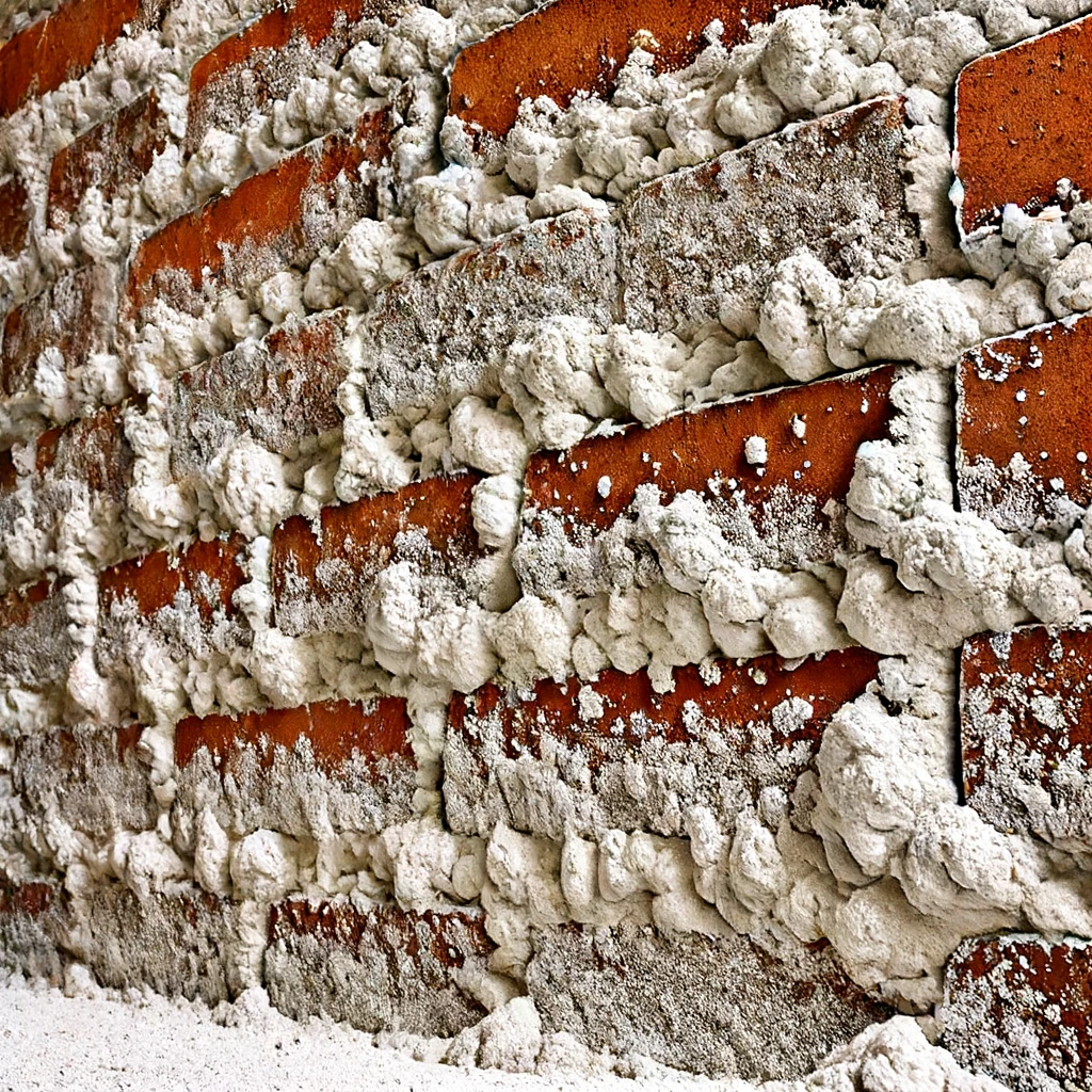 DALL·E 2024 06 12 18.57.47 A zoomed out view of a brick wall showing efflorescence. The wall is made of red bricks with white powdery deposits on the surface indicating the pr